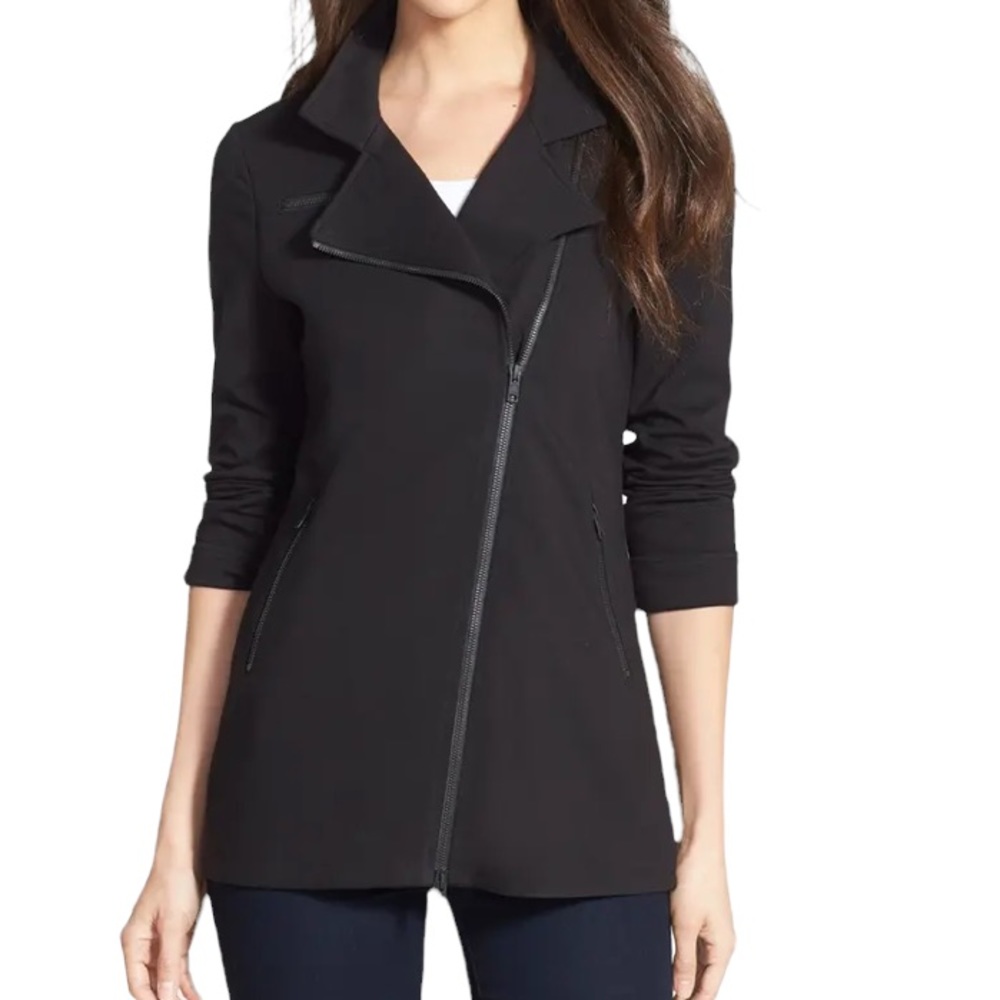 Eileen Fisher Black Stretch Knit Long Moto Jacket